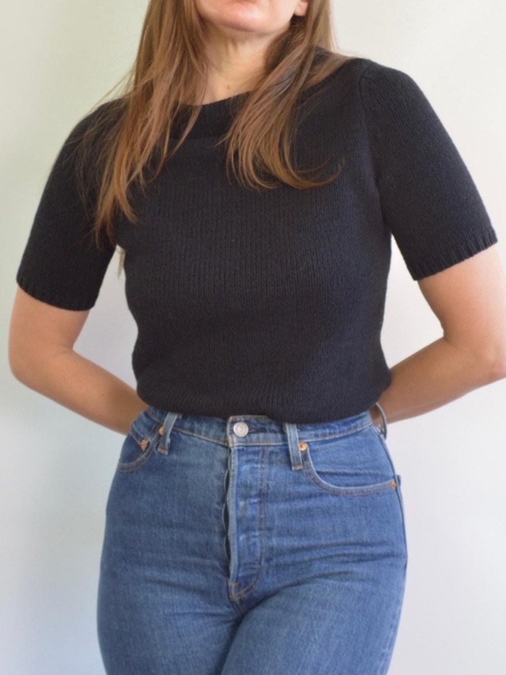 Black Knit Sweater Tee, Small, Open Crew Neck